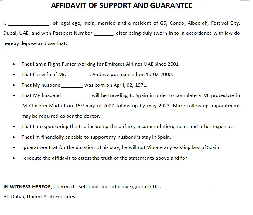Affidavit of support sample in Dubai