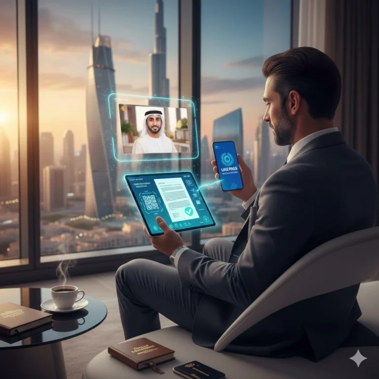 A professional businessman in a Dubai high-rise office performing a remote paperless notarization via video call with a male notary official, using UAE PASS on a smartphone and a digital tablet showing a QR-verifiable legal document with the Burj Khalifa in the background