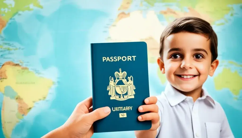 A child holding a passport in front of a world map
