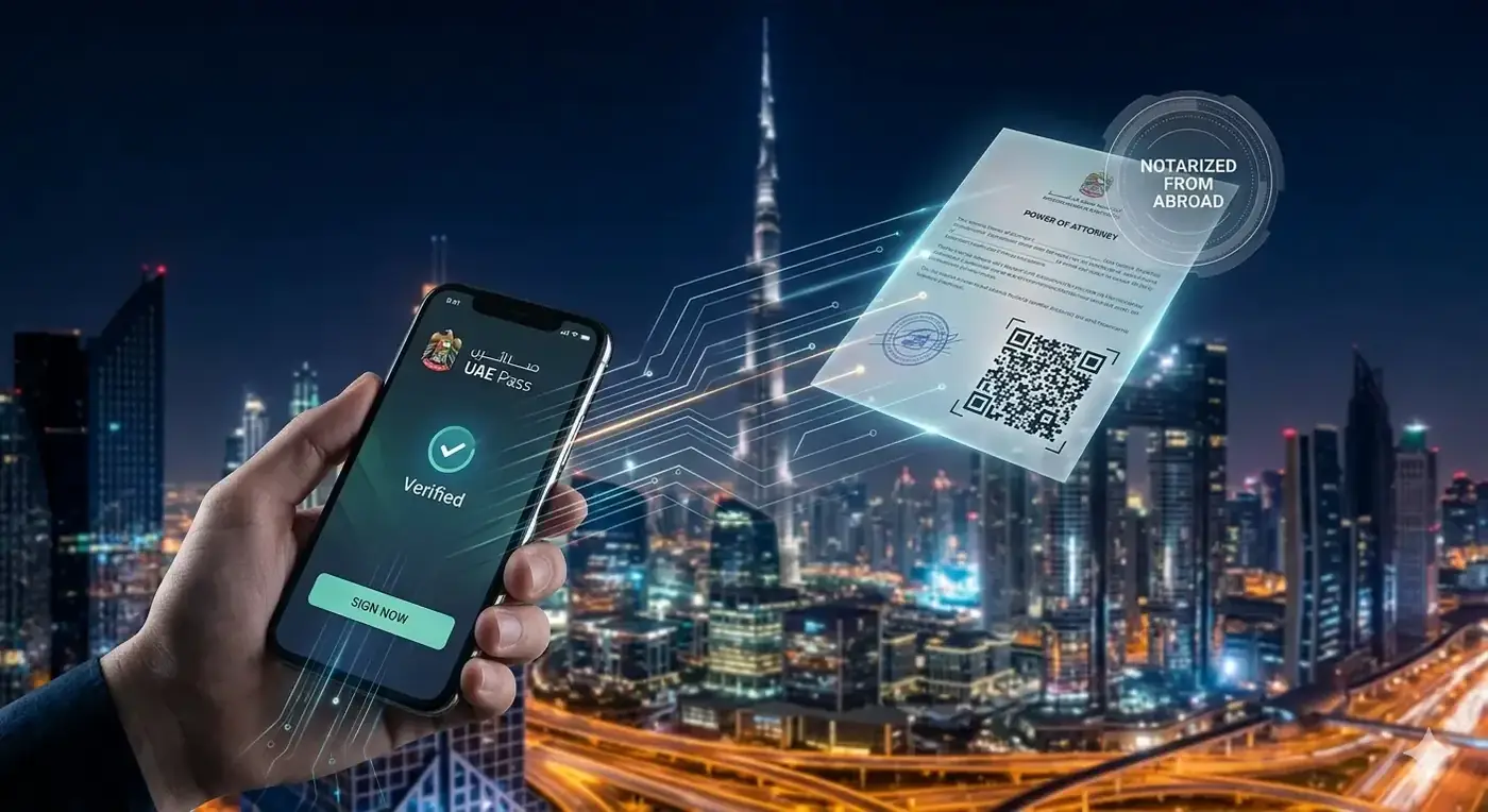A phone showing an electronic document with the Dubai skyline at night