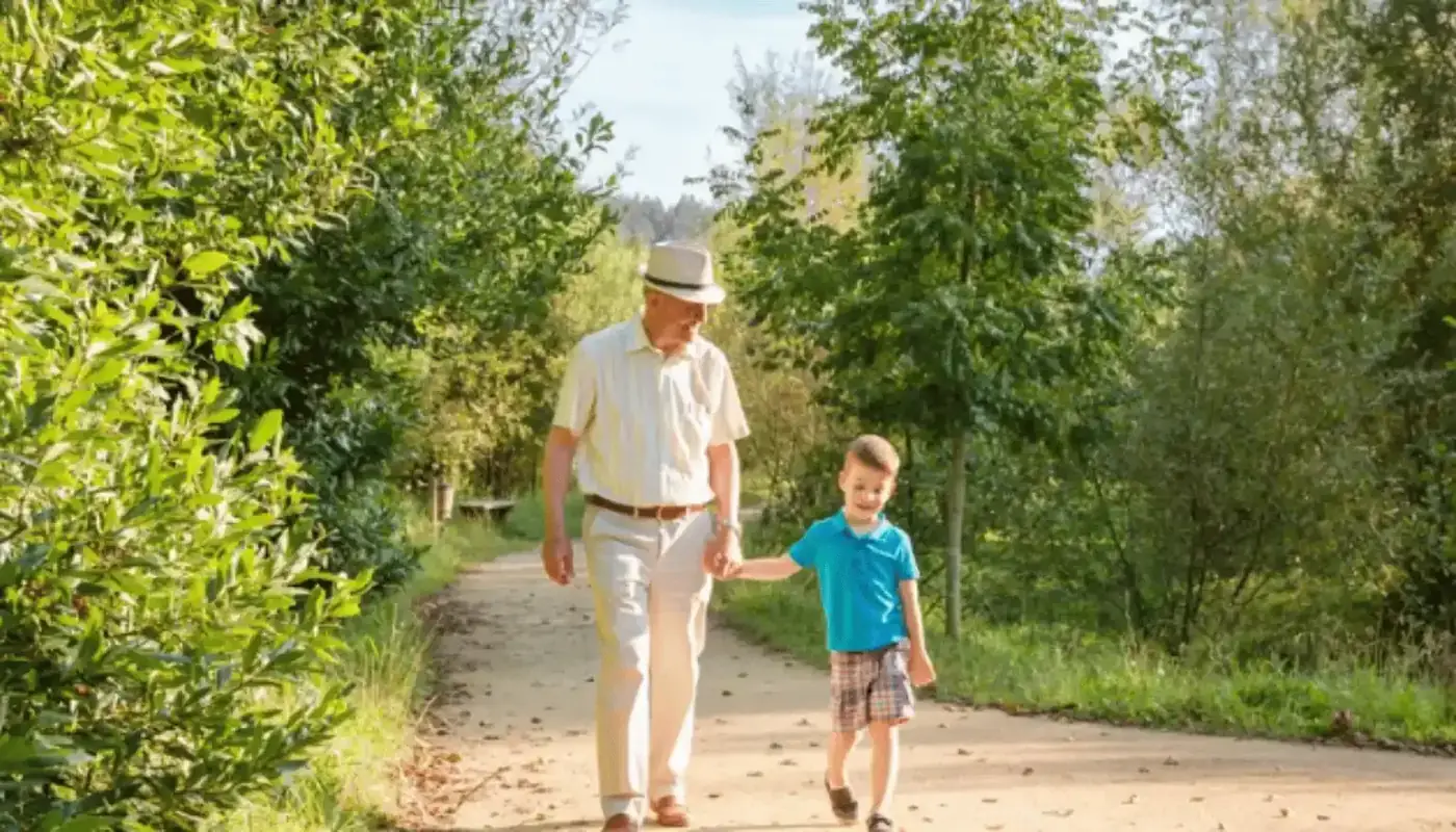 Child Travel Consent Form in the UAE 79 A grandfather walking with a young child on a garden path