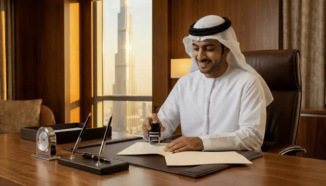 A man at a desk stamping a document, with the Burj Khalifa behind him
