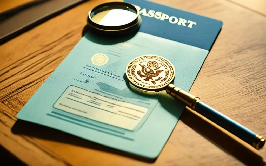 A passport with a magnifying glass and an official seal