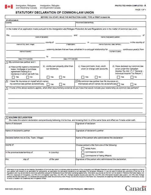 The first page of a statutory declaration of common-law union form