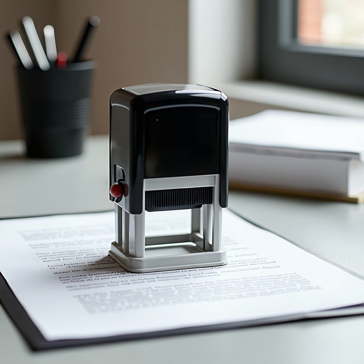 Al Barsha Notary: Get Your Document Notarised From Al Barsha 2 Black office stamp resting on a paper document on a desk